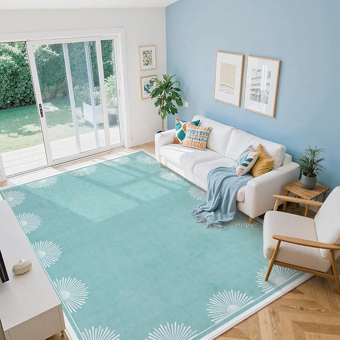Hedlive Modern Bedroom Rug 8x10 Under Bed, Low Pile Washable Rugs for Living Room,Soft Sun Printed Large Rug,Aqua Dining Room Rugs for Under Table Classroom Dorm(8x10ft, Baby Blue)