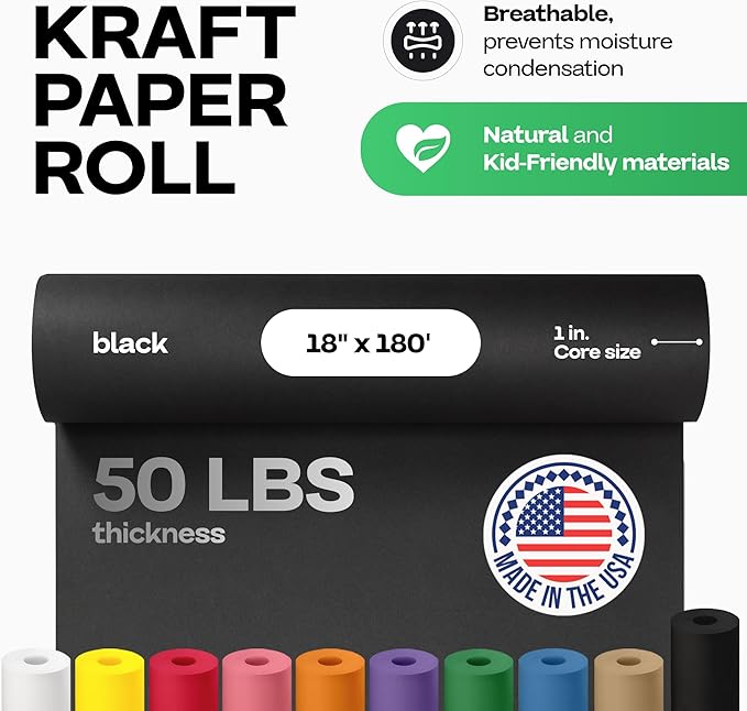 Black Paper Roll 18" x 2160" (180 feet) - USA-Made Black Kraft Paper 50lb Thickness - Ideal for Wrapping, Packing, Moving, Shipping, and Arts & Crafts - 100% Recycled Natural Material by IDL Packaging