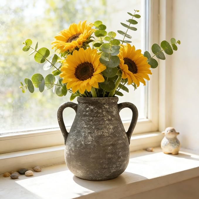 Ceramic Flower Vase Home Decor - 7.5 Inch Farmhouse Rustic Table Vases Living Room Decoration Decorative Vintage Pottery for Kitchen Shelf Coffee Dining Bookshelf Fireplace Centerpiece (Retro-7.5")