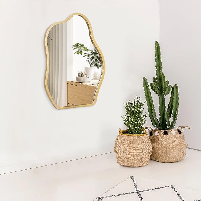 Gold Irregular Mirror for Wall Decor - Modern Asymmetrical Wooden Framed Wavy Mirror - Decorative for Living Room, Bedroom, Bathroom, Entryway - Gray