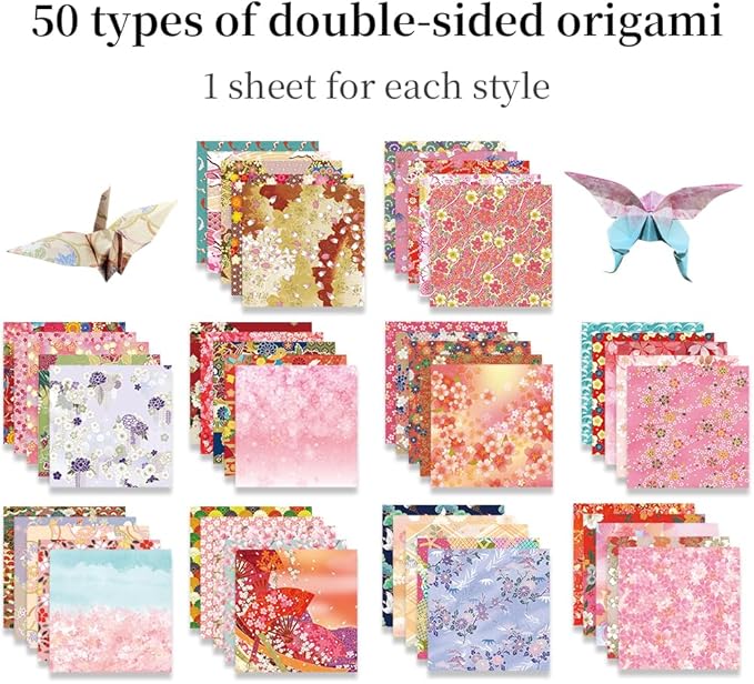 Square Origami Paper 6x6 Double Sided 50 Sheets 50 Colors 70GSM Origami Kit Japanese Chiyo Easy Fold Arts Crafts DIY Handwork Oriental Cherry