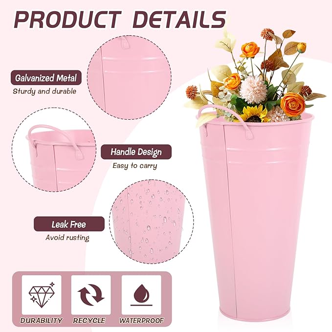 Flower Bucket for Flower Bar, 6 Pcs 10.2 Inch Metal Vases with Handles, Leak-Proof Pink French Buckets for Valentine's Day, Wedding Centerpieces, Baby Shower, Mother's Day, Farmhouse Rustic Home Decor