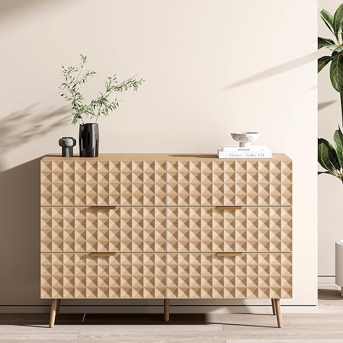 Dresser for Bedroom,Chest of Drawers with Diamond-Shaped 6 Drawer Dresser,Bedroom Dressers TV Stand for Living Room(Natural Oak)