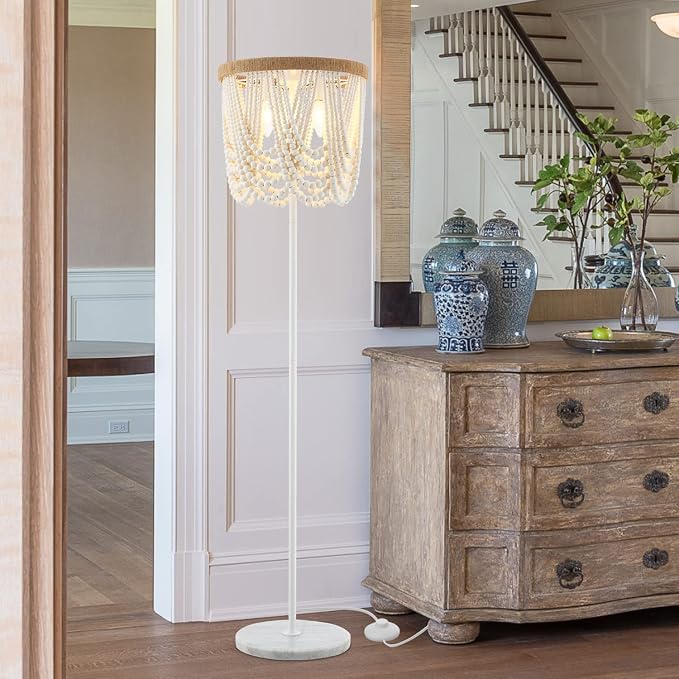 VILUXY Bohemia Wood Beaded Boho Floor Lamp - Antique Rustic White Finishing for Bedroom, Nursery, Dining, Girl Room - 3-Light