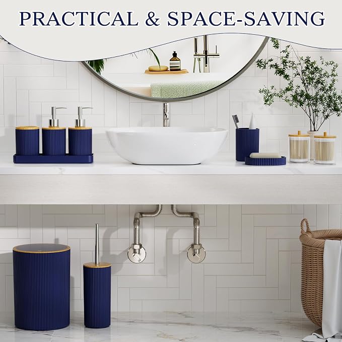 10PC Bathroom Accessories Set - Navy Blue and Wooden Bathroom Sets, Bathroom Accessory Set with Pop Up Trash Can, Toilet Brush, Trash Can, Qtip Holder & Soap Dispenser