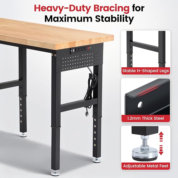 Work Bench 96 Inch Heavy Duty Work Table with Power Outlets & Extended Pegboard Adjustable Height 5000 Lbs Load Capacity Workstation for Garage, Workshop, Home, Office
