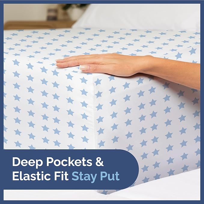 Kids Blue Stars Twin 3 Piece Sheet Set - Boys, Girls, Teens, Toddler - Easy Fit Deep Pockets - Breathable, Hotel Quality Sheets - Machine Washable - Wrinkle Free - Cute, Cozy, Soft - CGK Linens