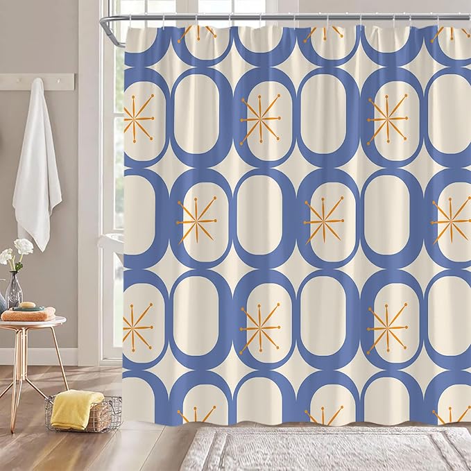 Mid Century Shower Curtain Modern Abstract Atomic Starbursts Squares Retro 50s Geometric Bathroom Decor Polyester Curtains with Hooks