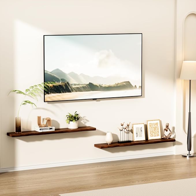 Solid Wood Live Edge Floating Shelves Set of 1 – 48" Rustic Wall Shelf with Hidden Bracket System, Wall Mounted Shelves for Bathroom, Kitchen, Living Room, Bedroom (Walnut)