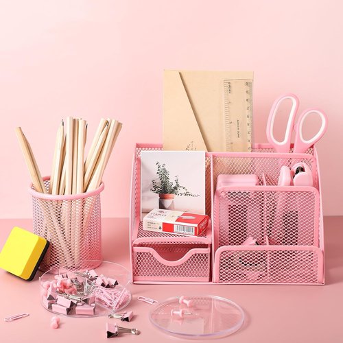 Auroray Pink Desk Organizer Set - Stylish Office Supplies with Mesh Organizer, Tape Dispenser & More