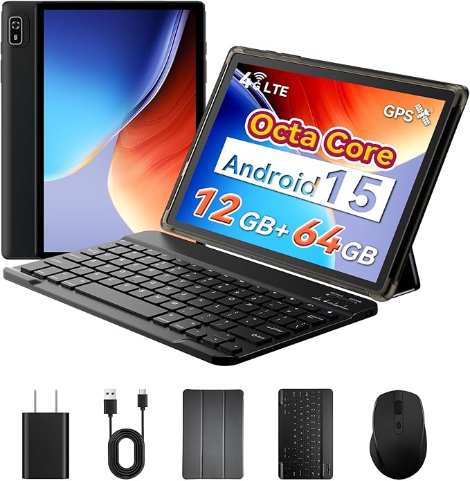Topsand Android Tablet 10 inch, Android 15 Tablet with Keyboard, Mouse, 4G LTE Cellular, IPS Display, MediaTek Octa Core Processor, 12GB+64GB, 2TB Expandable,5G Wi-Fi, GPS, 2-in-1 Tablets with Case