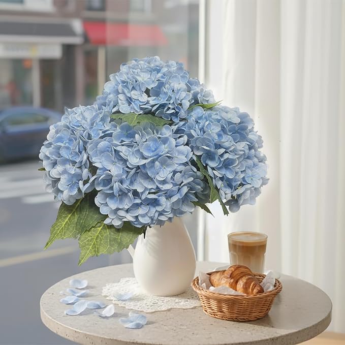 3pcs Hydrangea Artificial Flowers, 21" Real Touch Silk Faux Hydrangeas Flowers Lifelike Fake Hydrangea for Wedding Bouquets,Home Decor&Party Centerpieces (Blue)