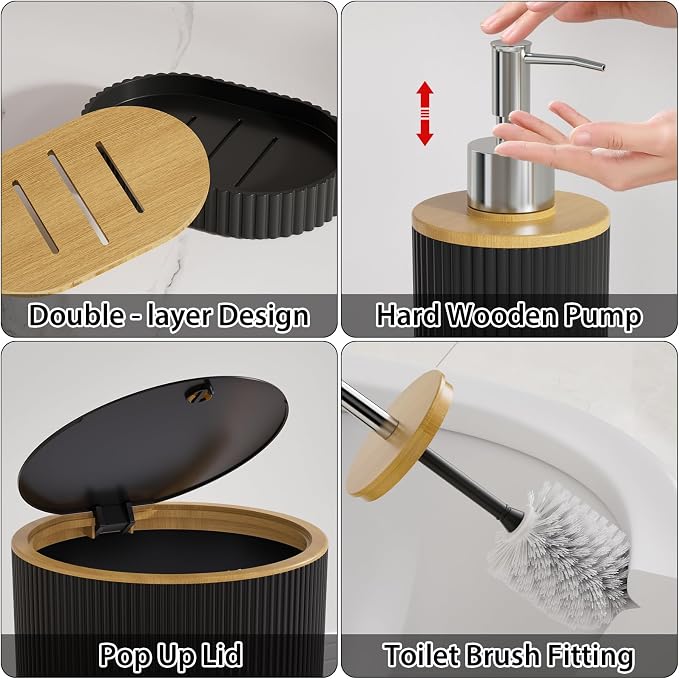 10PC Bathroom Accessories Set - Black and Wooden Bathroom Sets, Bathroom Accessory Set with Pop Up Trash Can, Toilet Brush, Trash Can, Qtip Holder & Soap Dispenser