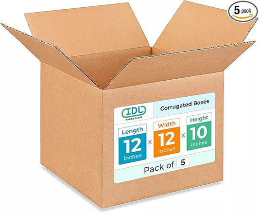 Medium Moving & Shipping Boxes 12 x 12 x 10 inches (5-Pack) - Extra Strength 200 lb vs Regular - Corrugated Durable Boxes for Packaging - Carton Box for USPS/FedEx - Medium Box by IDL Packaging