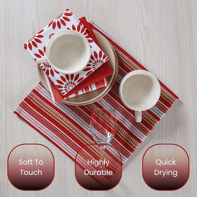 Assorted Kitchen Towels - Red Kitchen Towels, Set of 5, 16x26 in - Absorbent 100% Cotton Dish Towels with Hanging Loop - Waffle Weave Tea Towels for Drying Dishes, Glassware & Counters