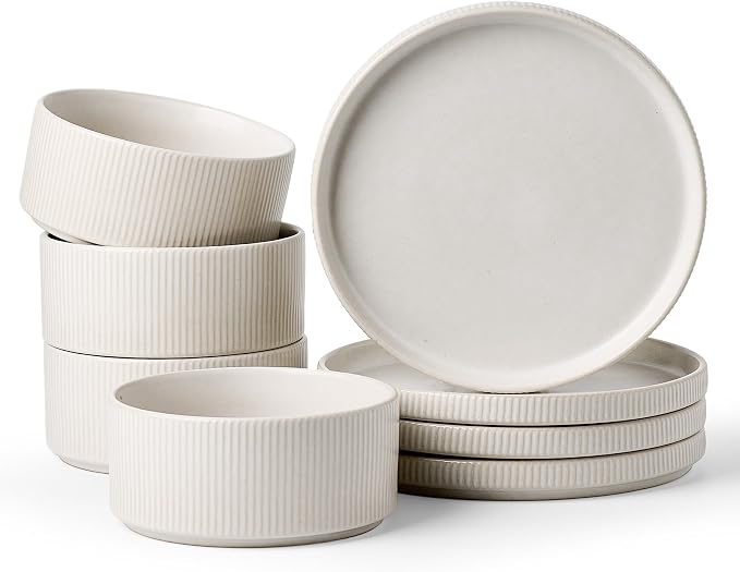 8-Piece Ceramic Plates and Bowls Sets for 4, Matte White | Handcrafted reactive glaze stoneware dinnerware. Chip & scratch resistant. Microwave & dishwasher safe. Everyday/formal use.