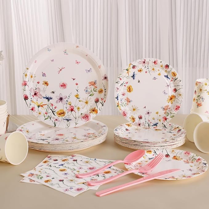 Wildflower Party Supplies Decorations 175PCS Floral Paper Plates and Napkins, Tea Party Plates and Cups Disposable Dinnerware Sets for Spring Butterfly Birthday Decorations, Serves 25