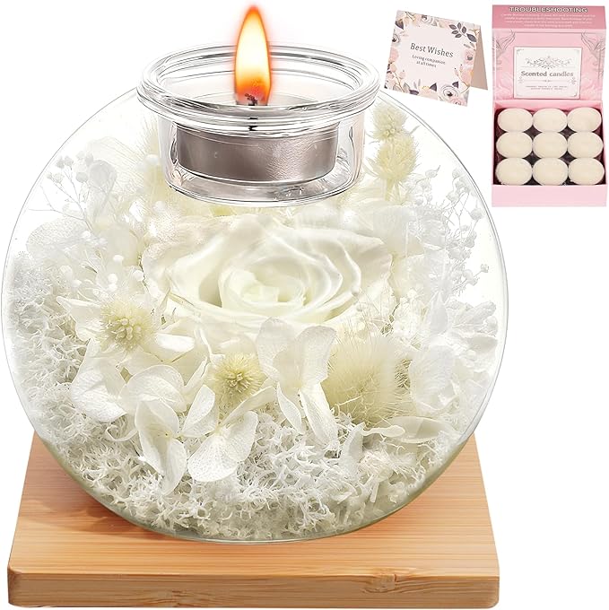 Eternal Preserved Real Rose, Glass Dome Gift Set with 18 Scented Candles (9 Bergamot,9 Jasmine), Mother's Day Valentine Christmas Birthday Gift for Women Mom Girlfriend Wife Home Decor (White)