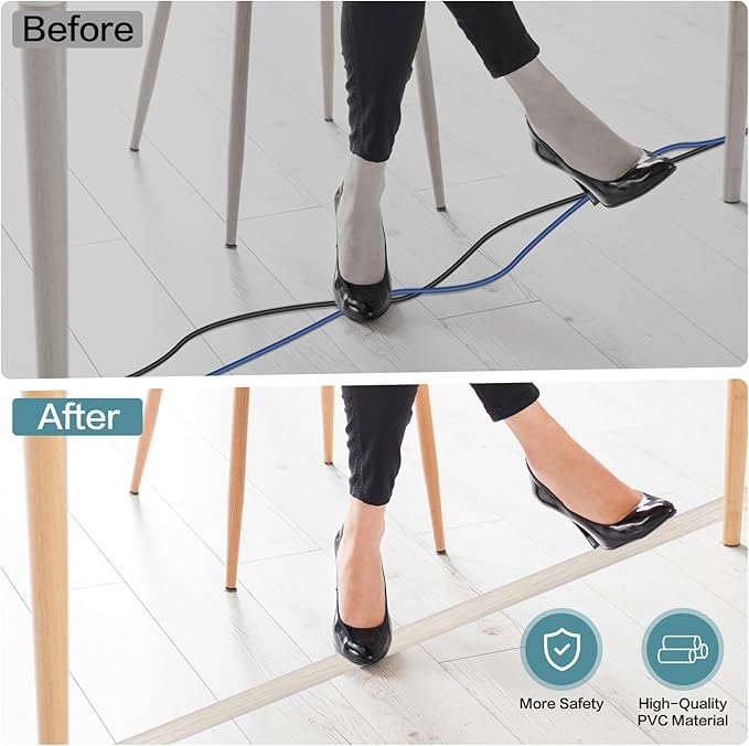 Floor Cord Cover Self Adhesive Cord Hider Floor Extension Cord Covers for Floor Power Cord Protector Cable Management Prevent Cable Trips Cable Cavity 0.51" W x 0.31" H (Beige Wood, 3.3Ft)