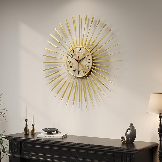 Cuspin 24 Inch Gold Wall Clock, Large Sunburst Mid Century Modern Clocks for Living Room Decor, Silent Non Ticking Battery Operated Decorative Wall Clock for Bedroom, Kitchen, Office