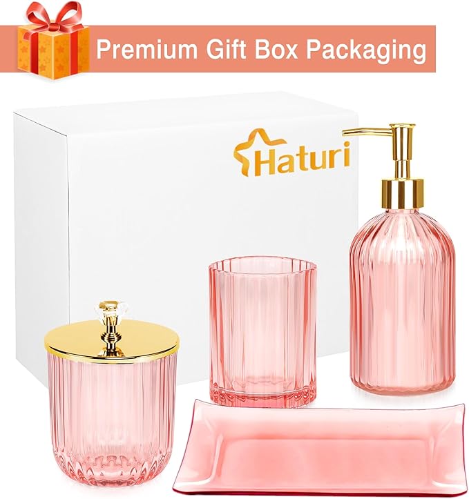 Haturi Bathroom Accessories Set, 4 Pcs Pink Glass Bathroom Accessories Sets Complete w/Lotion Soap Dispenser, Toothbrush Holder, Apothecary Jar, Vanity Tray, Bathroom Decor, Gift for Home Apartment