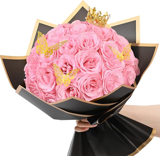 Waipfaru 36 Pcs Glitter Roses Bouquet, DIY Fake Flowers Bouquet, Artificial Pink Rose Bouquet for Valentines, Mothers Day Gifts, Anniversary, Engagement, Wedding