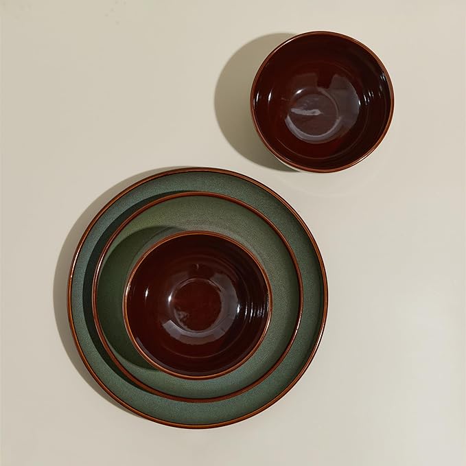 Pokini 32 Piece Double Bowl Dinnerware Sets with Pasta Bowls, Highly Chip and Crack Resistant Plates and Bowls Sets, Natural Earthyware Ceramic Dishware Sets, Service for 8 Sage Green