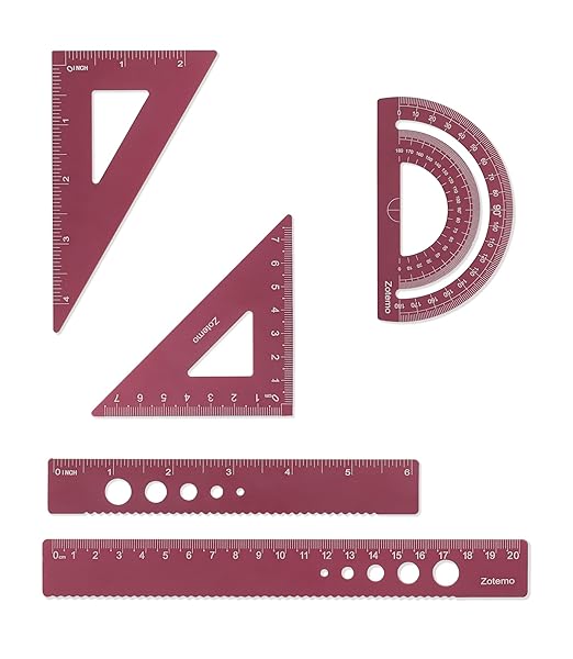 Zotemo Metal Geometry Set, 5-Piece Aluminum Ruler, Math Drafting Ruler Kit Includes Protractor, Triangle Rulers, Straight Rulers-Math Measurement Tools for School and Office Supplies (Plum Red)