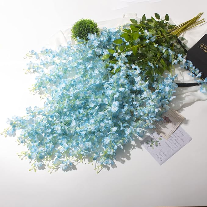12 Pack Artificial Flowers Silk Wisteria Vine Ratta Hanging Flower (Sky Blue)