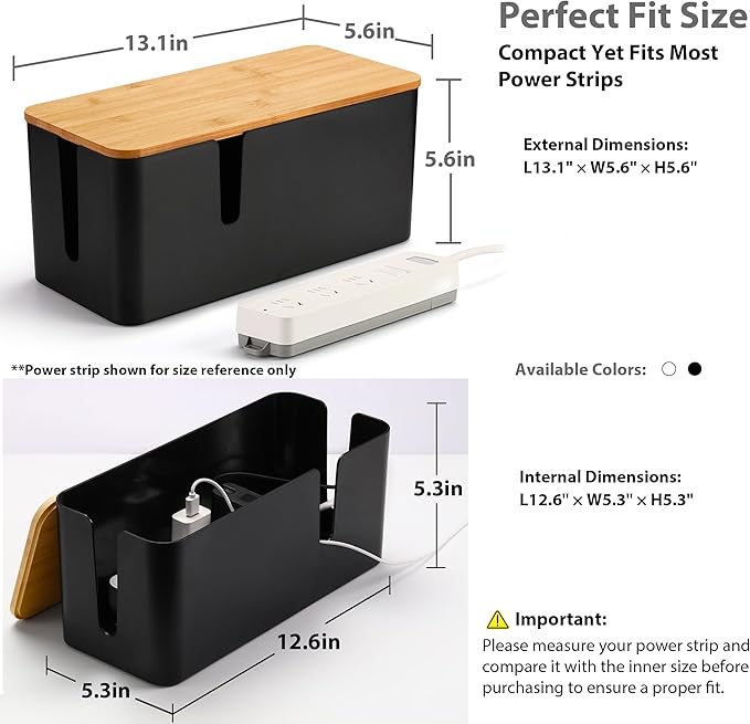 ZhiYo Bamboo Lid Cord Organizer Box, Safe ABS Cable Management Box for TV and Computer, Wood Cover Cord Hider to Hide Wires, Router, USB Hub & Under Desk Power Strip, 1 Pack L13.1 xW5.6 xH5.6 Black