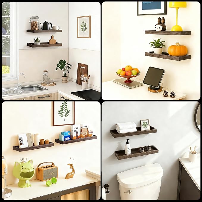 2 Pack 15.7 in Smoke Gray Floating Shelves for Wall, Wooden Wall Shelves for Bedroom Living Room Kitchen, Modern and Rustic Bathroom Shelves with Raised Lip, Floating Shelf for Storage Display