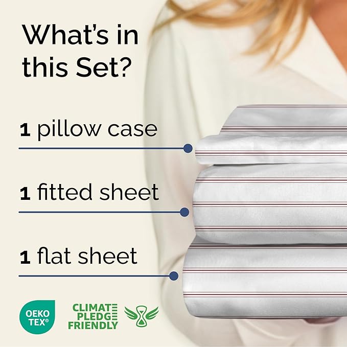 Striped Sheets - Red & White Striped Sheets - 1 Flat & 1 Fitted & 1 Pillowcase w/ Deep Pockets – Wrinkle & Fade Resistant - Soft, Breathable & Cooling – Luxury Pinstripe Bedding - Twin Size Bed Set