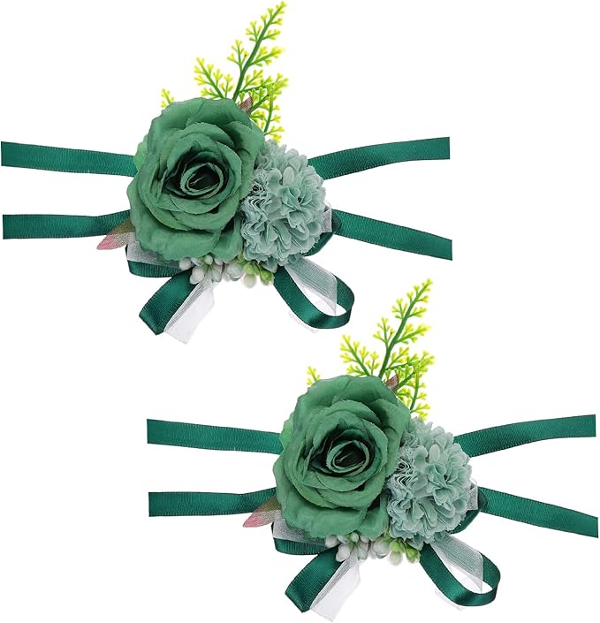 PATIKIL Artificial Wrist Corsage for Prom, Artificial Flower Wrist Corsages Band Rose Wrist Corsage Wristlet Hand Decor for Wedding Prom Party Accessory - 2 Pack (Dark Green)
