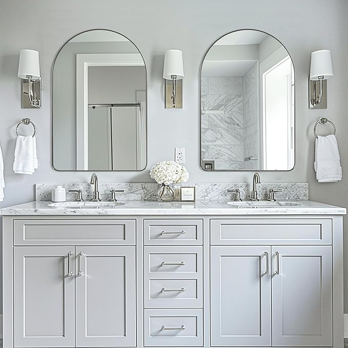 ANDY STAR Arched Wall Mirror, 24 x 38 Inch Brushed Nickle Bathroom Mirror in Stainless Steel Metal Frame, Arch Top Rounded Corner 1 Inch Deep Set Design Wall Mount Hangs Vertical