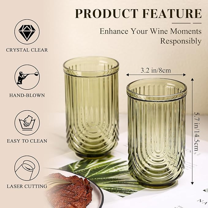 Green Vintage Drinking Glasses Set of 6-17oz Hand-Blown Highball Ribbed Glassware, Arch Design Cocktail Glasses for Whiskey Water Beverages Ice Coffee Juice Milk