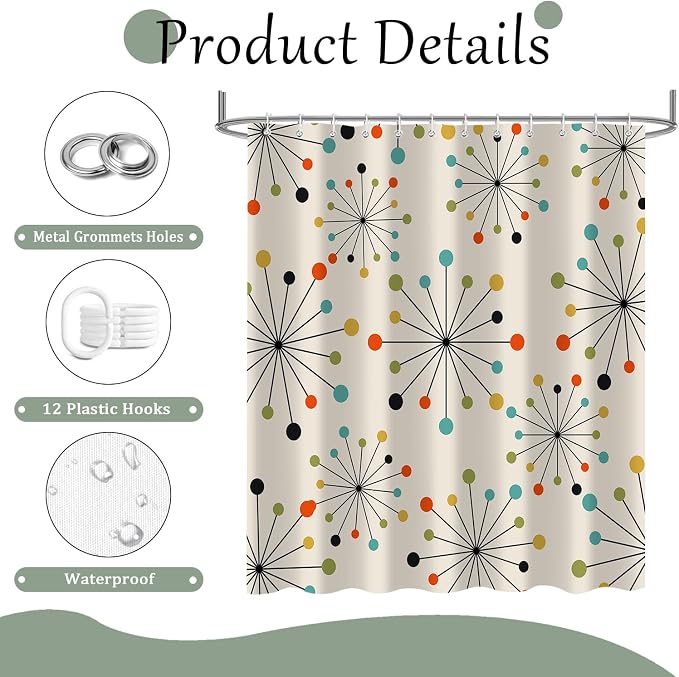 Vintage Mid Century Modern Geometric Shower Curtain，Retro Abstract 1950s 1960s Style Art Bathroom Decoration，Polyester Fabric Waterproof Bath Curtain 72x72 Inch with 12 Hooks