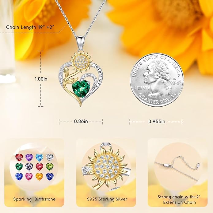 Iefil Christmas Gifts for Women Wife - Sunflower Birthstone Necklace for Women, Anniversary Birthday Gifts 925 Sterling Silver Heart Pendant You Are My Sunshine Jewelry for Girlfriend Mom Daughter