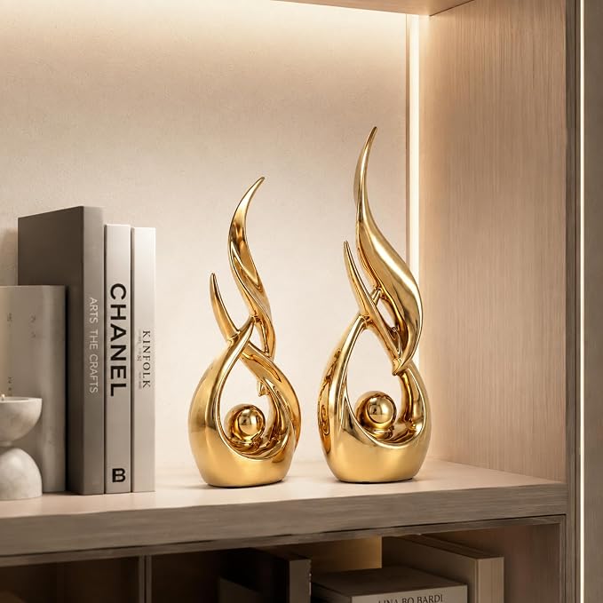 2 PCS Gold Ceramic Statues for Home Decor Accents, Modern Abstract Art Sculptures, Elegant Tabletop Decorative Objects for Dining Room, Entryway, Tv Stand, Mantel, Coffee Table Centerpieces