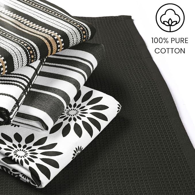 Assorted Kitchen Towels Large 16x26 inches 100% Cotton Set of 5 - Soft Absorbent Washable Tea Towel for Kitchen - Dish Cloths with Hanging Loop - Quick Drying Dish Towels Black