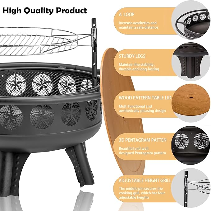 Verdeluxe 32 Inch Fire Pit with Swivel Cooking Grate,3-in-1 Wood Burning Firepit with Grill,Outdoor Fire Pits Table with Metal Lid and Poker for Outside Patio Backyard BBQ Bonfire Camping (32 Inch)