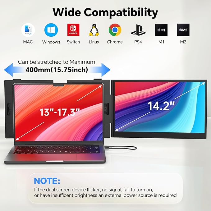 POTTMACEE 14.2" Laptop Screen Extender, 0.17" Ultra-Thin FHD 1080P IPS Portable Monitor for Laptop, Dual Screen Travel Monitor Extender, Plug-Play for Windows/Mac/Chrome, Fit 13”-17.3” Laptops