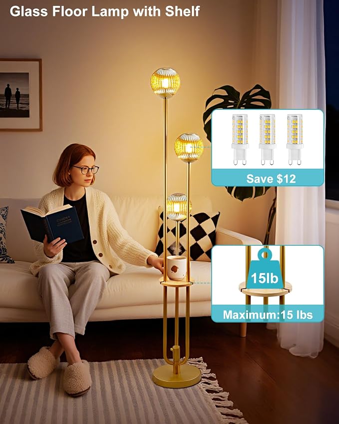 Globe Glass Floor Lamp with Table, Gold Tall Standing Lamps Dimmable, 3000K Warmwhite Mid Century Modern Floor Lamp with 5Lbs Heavy Base for Living Room/Bedroom