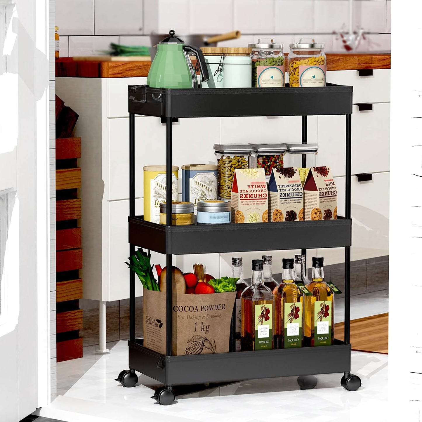 SPACEKEEPER Rolling Storage Cart - 3-Tier Bathroom Organizer with Wheels | Multi-Functional Utility Cart in Black