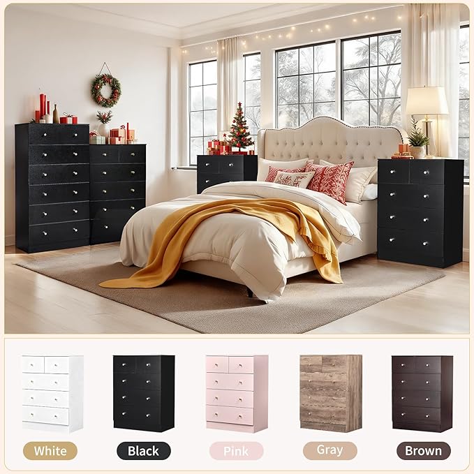 Karl home Black 5 Drawer Dresser for Bedroom, Tall Dresser Chest of Drawers, Rustic Wood Bedroom Dressers Clothes Organizer, Anti-Tipping Device, Rose Gold Metal Handle, Living Room, Entryway, Office