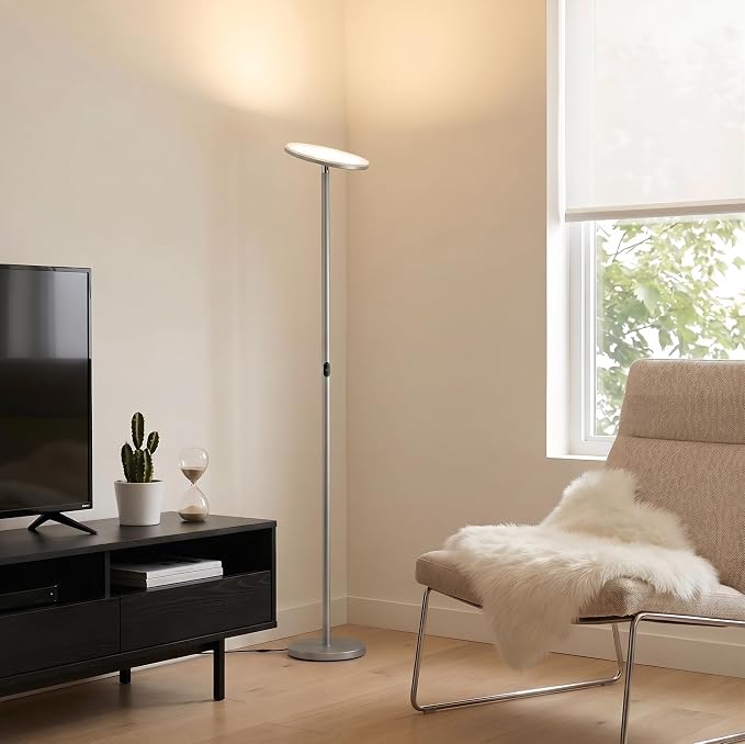 Brightech Sky LED Floor lamp, Torchiere Super Bright Floor Lamp for Living Room Decor & Office - Dimmable, Tall Standing Lamp with Warm Light for Bedroom & Reading - Brushed Nickel