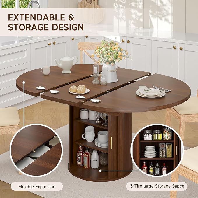 DHH 47"-63" Extendable Round Dining Table for 4–8 with Storage, Mid Century Modern Farmhouse Wood Oval Dinner Table with Pedestal Base for Kitchen, Living Room (Walnut)