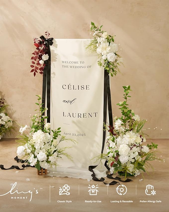Ling's moment 41.0" Tall Free-Standing Wedding Aisle Artificial Flowers for Ceremony Decor, 2PCS White Walkway Floral Chair Markers, Faux Rose Altar Arch Arrangement Spring Decorations Outdoor