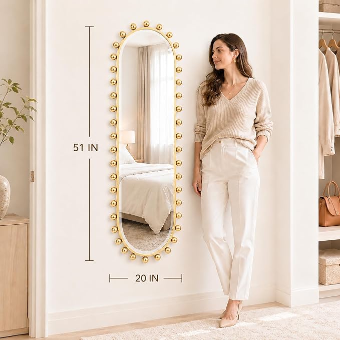 Oval Full-Length Wall Mounted Mirror 20" x 51", Antique Gold Beaded Beveled Mirror with Ball Frame, Vertical & Horizontal Hanging Wall Mirror for Bathroom, Bedroom, Dressing Room, Entryway