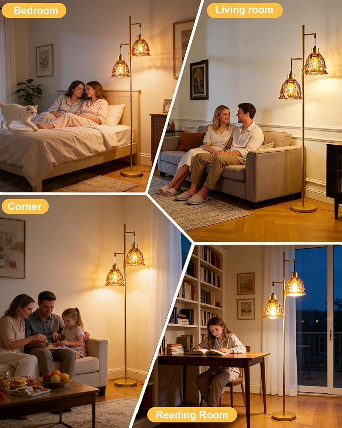 Lightdot 65IN Glass Floor Lamp for Living Room, 2- Light Gold Flower Floor Lamps with Amber Glass Lampshade, 3000K Warm White Modern Standing Tall Lamp with 5Lbs Heavy Base for Bedroom Corner