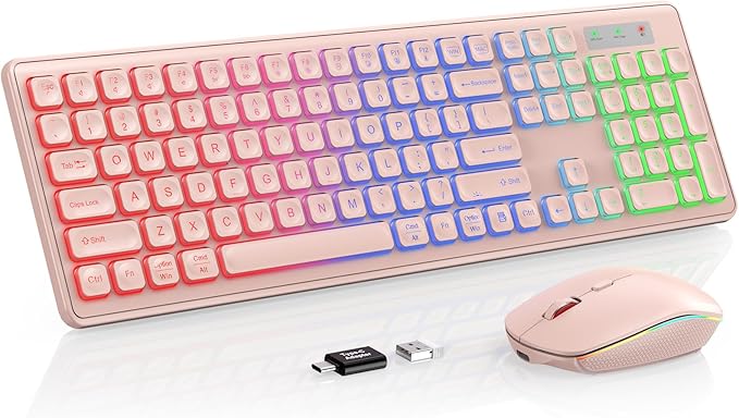 Wireless Keyboard and Mouse Combo, RGB Backlit, Rechargeable & Light Up Letters, Full-Size, Soft Typing, Sleep Mode, 2.4GHz Quiet Keyboard Set for Mac, Windows, Laptop, PC, Trueque (Pink)
